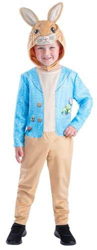 Smiffys Peter Rabbit Classic Costume for Children All in One with Character Hood, Officially Licensed Storybook Fancy Dress Outfit for World Book Day Parties and Events Age 4-6