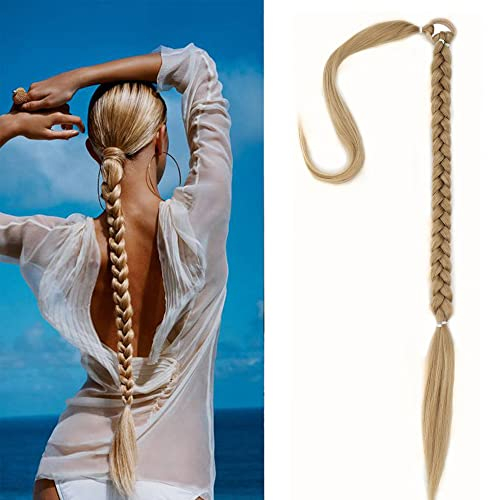 QKEPCY Coleta Postiza Larga Extension Postizo Trenza Coleta Cola de Caballo Extensiones Liso Postizos de Pelo Sintético Extensiones Pelo Natural para Mujer Chica 80cm (Rubio Claro)