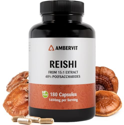 Reishi-kapslar 180 stycken - 1400mg svampextrakt per portion - 40% bioaktiva polysackarider | Högdos Ganoderma Lucidum svamp | Vegan, allergen och glutenfri | Ambervit