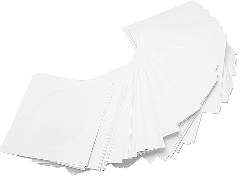 100-pack CD/DVD-pappersfodral, Skivfodral med Flik och öppet Fönster, återanvändbar Dammtät CD-fodral, Premium Tjock Skiva Papperspåse för 8 Cm Skivor, Vit