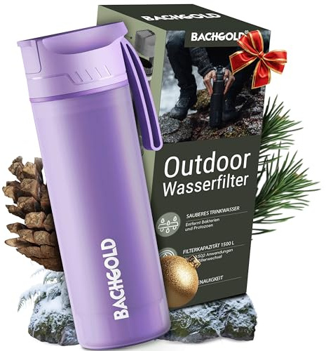 Bachgold® Borraccia filtrante professionale outdoor [500ml] con capacità di filtraggio di 1500L I Rimuove il 99,99% dei batteri e filtra microplastiche, particelle e cloro I Per blackout e crisi