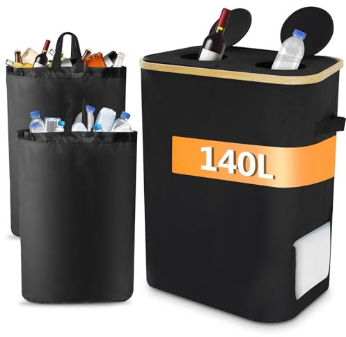 Pfandflaschen Sammelbehälter 2 Fächer mit Deckel, 140L Pfandbehälter, Leergut & Altglas Aufbewahrung mit Loch Mülleimer mit Deckel für Küche & Abstellraum