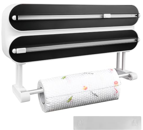 Dispensador de papel de cocina 3 en 1 con soporte para rollos de cocina, dispensador magnético con cortador, dispensador y dispensador para papel de aluminio y film transparente, sin agujeros, soporte