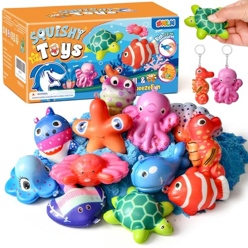 12 PCS Animales Marinos Squishy Set, 13 cm Peluches Oceánicos Peces Squishies Llavero, Juguete Anti-Estrés Regalos para Fiestas Infantiles, Squeeze Toy para Niños y Niñas