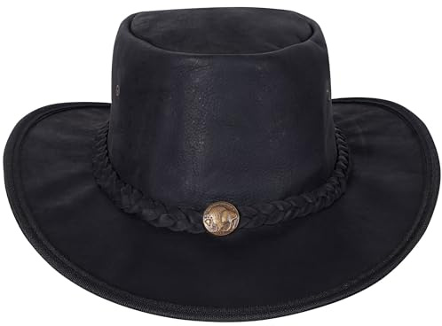 URBAN 5884 Sombrero Vaquero de Cuero Auténtico, Sombrero Cowboy para Hombre/Mujer, con ala Ancha y Barboquejo Ajustable - Negro, L