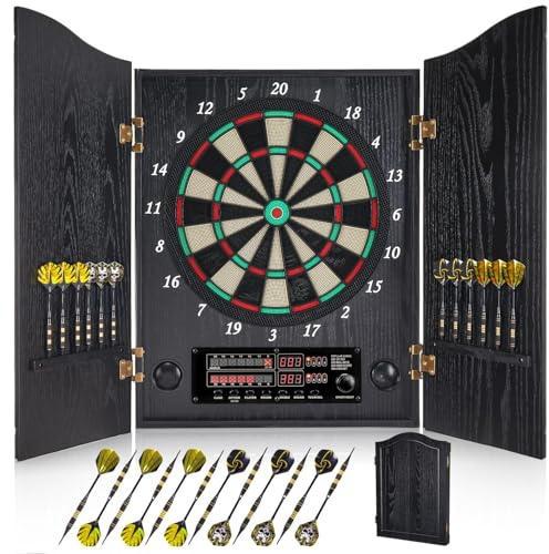 Yirinatek Diana Electronica, Dardos Diana Electronica [12 Dardos de Bronce][Modo de Juego Cricket], Diana Electronica Profesional, Puertas de Gabinete de Madera [Negro]