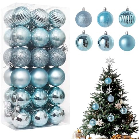 KLINNA Lot de 36 boules de Noël en plastique pour sapin de Noël - 4 cm - Mat et brillant - Boules de Noël incassables (bleu clair)