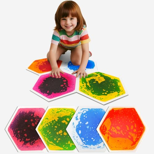 Qoytqoy Piastrelle sensoriali liquide per bambini, confezione da 4 tappetini in lava esagonale, per lo sviluppo sensoriale e il gioco creativo, regali calmanti per autismo, casa, aula