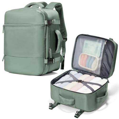 suradar Mochila Viaje Cabina Avion 40x30x20 para Ryanair, Wizz, Vueling Bolsa Viaje 40x30x20 Equipaje de Mano Mochila Portatil 15,6 Pulgadas Mochilas para Trabajo Colegio Hombre Mujer Verde Militar