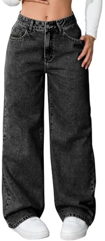 Generisch Pantalones vaqueros holgados para mujer, informales, cintura alta, pierna ancha, pantalones vaqueros elásticos de pierna ancha, vaqueros para mujer, A negro., M