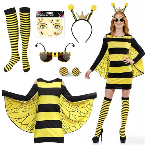 Kefyvbdj Déguisement Abeille Adulte Femme, Costume d’Abeille pour Adulte avec Robe Rayée, Bandeau, Chaussettes, Autocollant Visage, Boucles d’Oreilles et Lunettes, pour Carnaval Soirée à Thème (XXL)