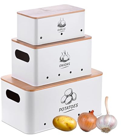 Relaxdays Set di 3 contenitori, Patate, cipolle, Aglio, Coperchio Contenitore, Alimenti da Cucina