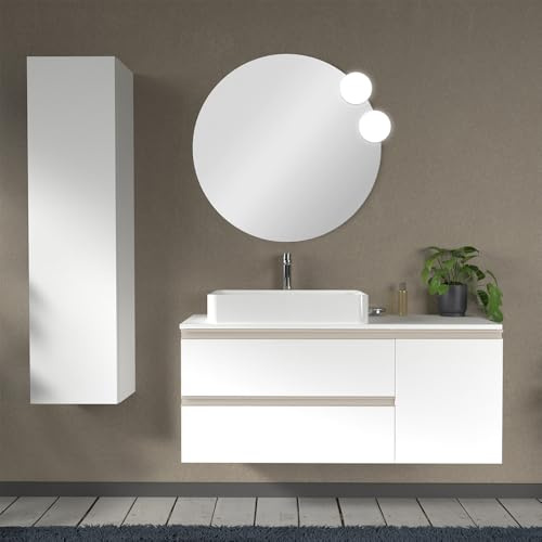 Inbagno Mobile bagno sospeso 120 cm per lavabo da appoggio, serie Master 2 cassetti con anta, top e specchio INCLUSI (Bianco Opaco)