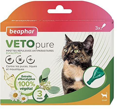 BEAPHAR – VETOPURE – Pipettes répulsives antiparasitaires pour Chat – Aux extraits d'Eucalyptus – Contre Les puces, tiques et moustiques – Protection 3 Mois – 3 pipettes