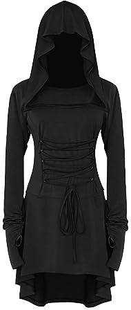 YAOHUOLE Renaissance Dress Women Medieval Costume Sexy Witch Costume Lace Up Hooded Cloak Gothic Vampire Dress Black M