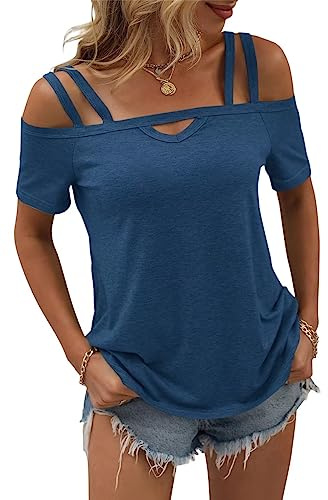 nicticsi T-Shirt Femme Été Chemisiers Sexy Manches Courtes Épaules Dénudées Blouses Élégant Découpes Criss Cross Tunique Tops Chic Décontracté Couleur Unie Shirt