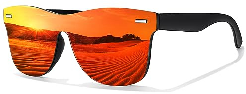 LINVO Trendiga polariserade solglasögon för män och kvinnor, platt spegelnyanser i ett stycke för körning, fiske, UV-skydd, Svart ram orange lins, Medium