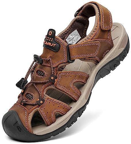 FLARUT Sandali Estivi Uomo Esterni PelleTraspirante Sandali Sportivi Scarpe da Trekking Passeggiata Fisherman Casual Sneakers Antiscivolo(Marrone,46)