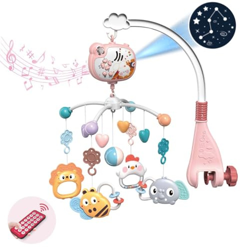 Baby Krippe Mobile mit Musical, Nachtlicht ＆ Moon Star Projektor, Mobile für Krippe mit Fernbedienung Timing Funktion, 360° Rotation Krippe Spielzeug für Neugeborenes Kleinkind (Rosa)