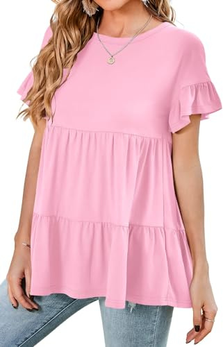 Neineiwu Cuello redondo Camiseta Mujer Manga Corta Blusa Mujer Verano Tops Elegantes Camisetas Cascadas Sólido Túnica S-XXL, Rosa., M