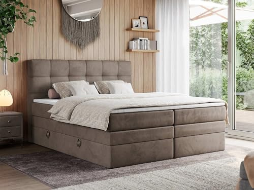 MKS MEBLE Boxspringbett 200x200 mit Bettkasten und Kopfteil, Bett mit Matratze H3 und Topper T25 - Boxbett - Braun Velvet - ERNI King