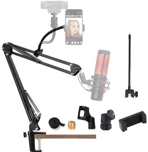 Tentucro Mikrofon Boom Arm, [2-in-1] Schreibtisch Mic Scherenarm Stand für Blue Yeti HyperX QuadCast Etc, Extra Schwanenhals Webcam Telefonhalter für alle Handys Logitech Webcam C920 C930 C920 Etc