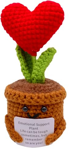 Handgjorda virkade blommor, känslomässig stödgåva, små krukväxter stickade skrivbordsdekorationer sött rött hjärta garn krukväxt motiverande gåva för ogräsbord hylla kontor julprydnad gåva
