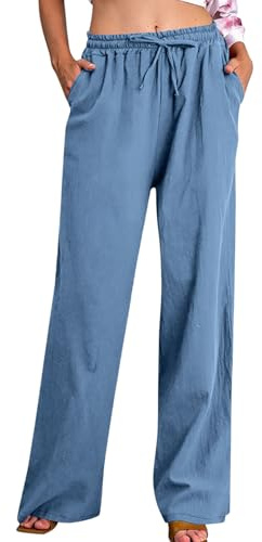 Pantalones Mujer Verano,Algodón y Lino Cintura Alta Pierna Ancha Baggy Pantalones Deportivos Frescos Ligeros Respirable Pantalón de Chándal Suave y Cómodo Color Sólido Pantalon Largo Diario