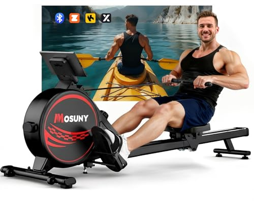 Rowing Machine, MOSUNY Magnetic Rowing Machines for Home Gym with 16 Levels Resistance, Maximum Load of 350 LB, Upgrade to Double Slide Rails, App Supported,Vertical Storage