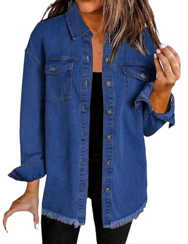 Uwdiohq Veste en Jean Femme, Veste en Jean Denim Unie pour Femme Surdimensionnée Boutonnée, Ourlet Effiloché, Manches Longues avec Poches
