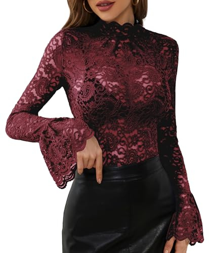 Adigau Top in Pizzo da Donna Top con Maniche a Campana Affusolate Sexy Maglia Trasparente a Maniche Lunghe Elegante Camicetta di Pizzo con Motivo Floreale Rosso S