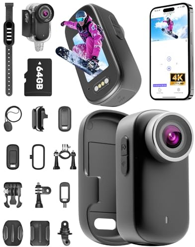 NNYYMH Action Cam 4K, Mini Body Cam con Scheda SD da 64 GB, Impermeabile Fino a 30 m, Autonomia della batteria di 180 minuti, grandangolo da 150° e display da 1,47 pollici, Videocamera vlog