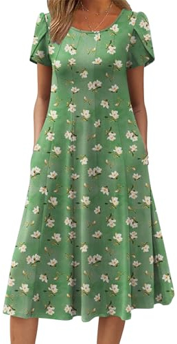 Zeagoo Vestido Verano Mujer Midi Floral Manga Corta Cuello Redondo Vestido de Playa Casual Suelto con Bolsillos S-XXL