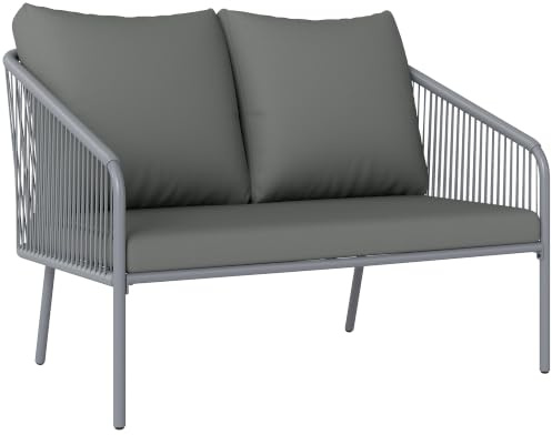 Outsunny Canapé de Jardin 2 Places en Résine Tressée avec Coussins Gris | Canapé d'Extérieur avec Accoudoirs, Cadre en Acier pour Balcon