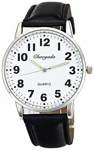 Men Women Casual Simple Black White Leather Deals Large Numbers Analog Quartz Wrist Watch, black, Quartz Movement