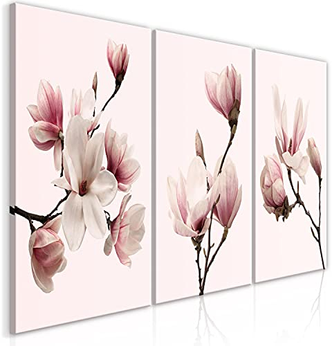 murando - Tableau triptyque mural Ensemble 120x60 cm (3 pièces de 40x60 cm chacune) – Impression sur toile avec cadre pour salon et chambre - Fleurs magnolias nature plantes rose b-C-0354-b-e