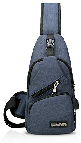 FANDARE Sac de Poitrine Unisexe Sac d'Epaule Sacoche Homme Femme avec USB Sac Bandoulière Imperméable Sling Bag pour Cyclisme,Aventure,Camping,Équitation,Chasse,Randonnée,Voyage Bleu