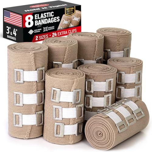 Fascia per Bendaggio di Compressione Elastica - Set da 8 - (4 x 7.5cm + 4 x 10cm) - Bendaggio a Compressione Durevole + 24 Clip Extra
