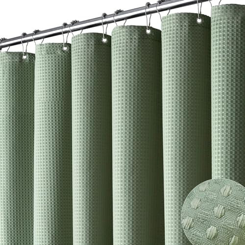 Dynamene Extra långt duschdraperi, 213 cm långt våffelväv viktat tjockt tyg badrum duschdraperi, kraftigt stort hotellbaddraperi set med 12 plastkrokar, 72 x 84 cm, salviagrön