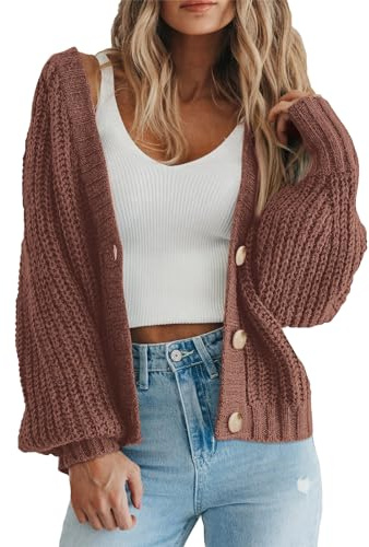 PRETTYGARDEN Long Sleeve Button Up Womens Sweaters Spring 2023 Open Front Plain Cardigans Loose Soft Knit Coat Outerwear(Coffee,Medium)