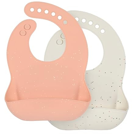 LÄSSIG Baby Silikon Lätzchen (2 Stk) Kleinkinder Lätzchen mit Auffangschale spülmaschinengeeignet, Orange/Beige