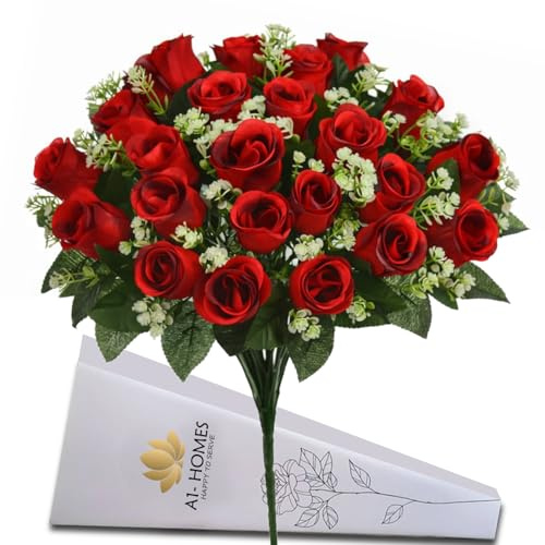 A1-Homes 41cm Artificial Silk Red Rose Bush with Gyp & Foliage 24 flower heads- Wedding Grave Home Decoration (Red, 2 Red Bunches)