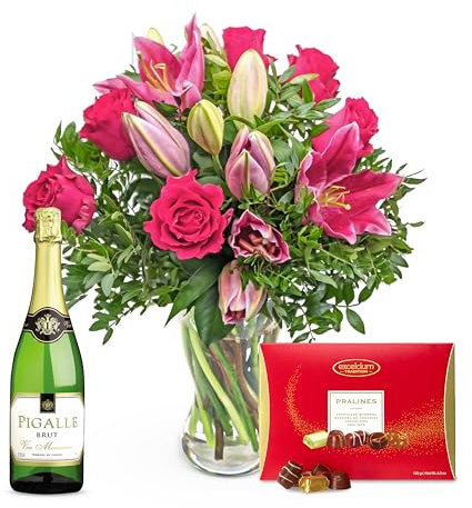 Rose and Lily Champagne Gift - Fresh Flowers - Birthday, Anniversary, Get Well, Thank You, Occasion Flower - Cut Floral Arrangement for Home Décor, Gifts, Weddings, Sympathy, Celebrations