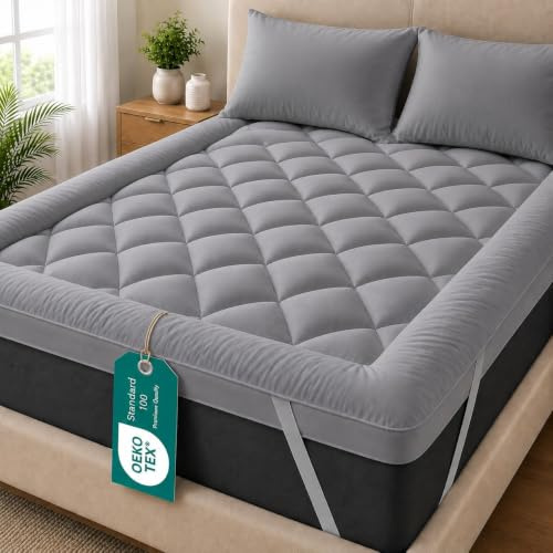 Linens World Grey Mattress Topper Kingsize Bed | 10cm Thick Quilted, Super Soft Microfiber 1200GSM Fiber Fill Washable Topper Fits with Elastic Straps For Extra Comfort (150X200CM)