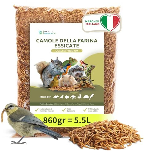 Detox Organica Camole della Farina Essiccate, 860g = 5.5 L - Podotto Germania, Qualità Premium, 100% Naturale | Tarme della Farina -Mangime Uccelli Selvatici, Pesci, Tartarughe, Roditori, Rettili