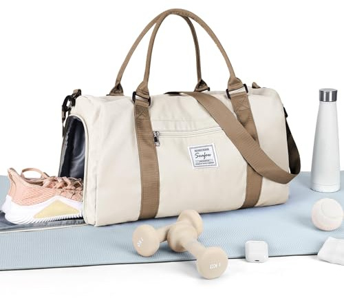HYC00 Sac de Sport Femme Homme Sac de Gym avec Compartiment de Chaussures et Poche Humide Sac de Voyage Weekender Duffle Bag Femme Sac Polochon Sacs de Sport Fitness Bag Sac de Piscine,Beige Marron