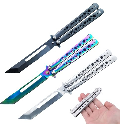 WANDGU 3 unidades de navajas de mariposa: cuchillo para practicar sin afilar de acero inoxidable para principiantes, trucos de flipping (negro+)