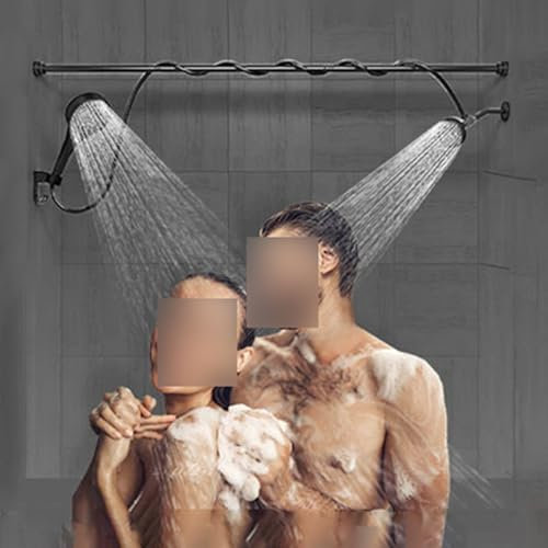 AUXILAB Double Shower Head for Couple, Setting High Pressure Tandem Shower Head with Shower Hose(Black)