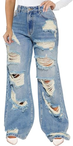 IbuduSexy Baggy Ripped Jeans for Women Wide Leg Destroyed Retro Denim Pants with Stretchy Comfort A-Light Blue
