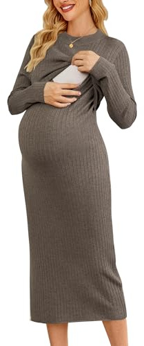 OUGES Women's Wool Blend 2025 Maternity Sweater Nursing Dress Long Sleeve Crew Neck Slim Fit Ribbed Knit Midi Dress(Coffee,M)